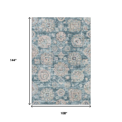 9' X 12' Teal And Beige Floral Washable Area Rug With UV Protection