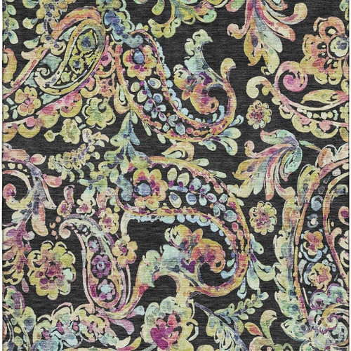 5' X 8' Black Blue And Pink Paisley Washable Area Rug With UV Protection