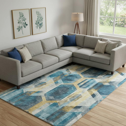 9' X 12' Teal Gold And Silver Geometric Washable Area Rug With UV Protection