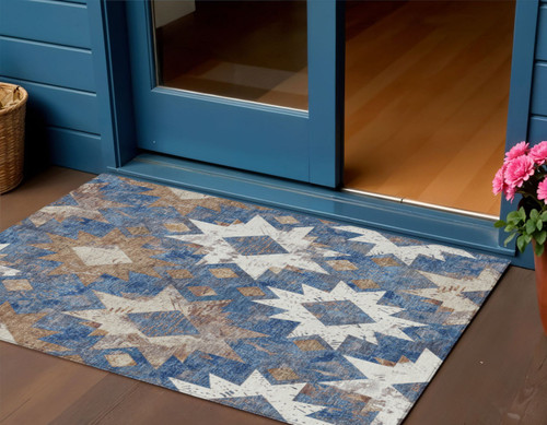 3' X 5' Blue Brown And Ivory Aztec Washable Indoor Outdoor Area Rug