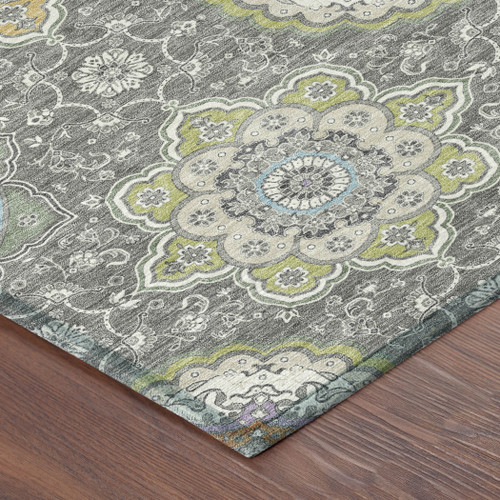 8' Gray And Brown Round Floral Medallion Washable Indoor Outdoor Area Rug