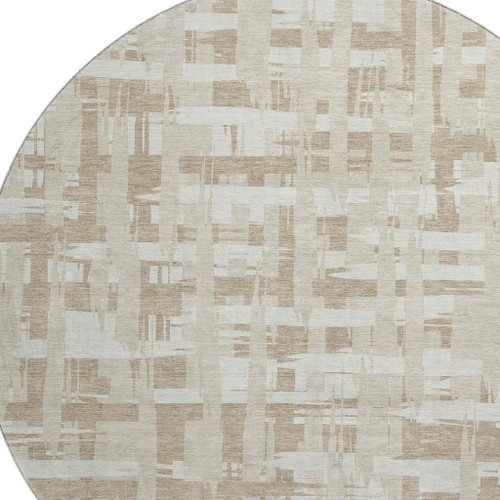 8' Taupe And Beige Striped Washable Round Rug With UV Protection