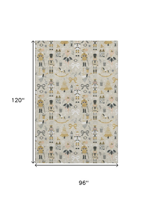 8' X 10' Beige Gold And Gray Floral Washable Area Rug With UV Protection
