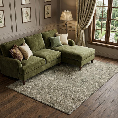 10' X 14' Khaki Beige And Gray Floral Washable Area Rug With UV Protection