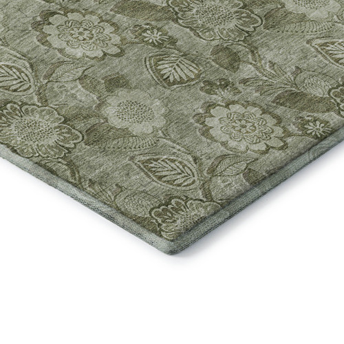 8' Artichoke Green And Fern Green Floral Washable Round Rug With UV Protection