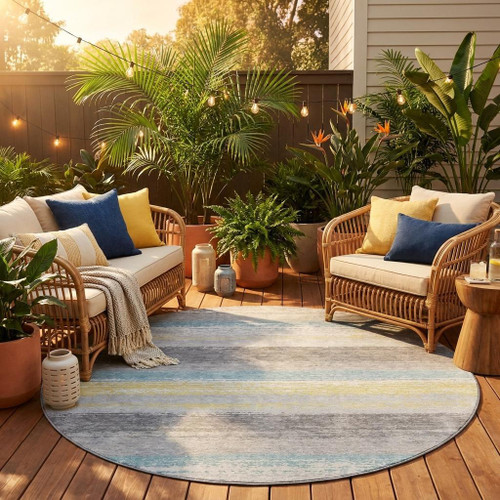 8' Silver And Taupe Round Striped Washable Indoor Outdoor Area Rug