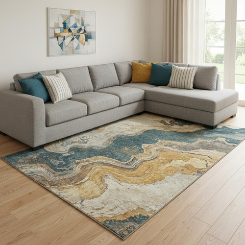 8' X 10' Linen Gray And Ivory Abstract Washable Area Rug With UV Protection