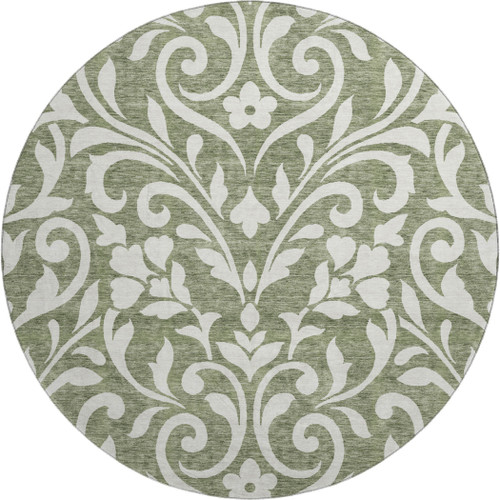 8' Fern Green And Beige Floral Washable Round Rug With UV Protection