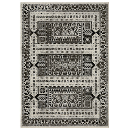 7' X 10' Ivory And Charcoal Oriental Area Rug With Fringe