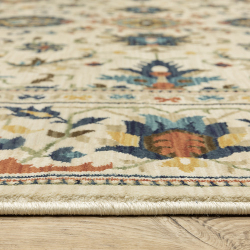 8' Ivory Blue And Brown Oriental Runner Rug With Fringe