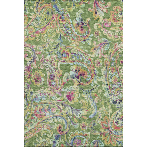 9' X 12' Fern Green Blue And Pink Paisley Washable Area Rug With UV Protection