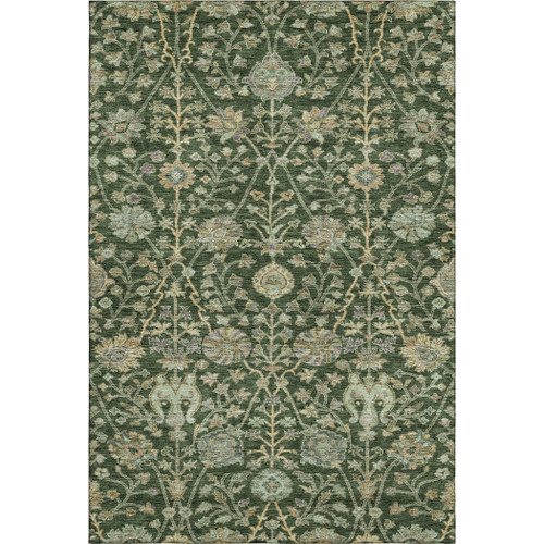 5' X 8' Green And Beige Floral Washable Area Rug With UV Protection