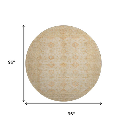 8' Beige And Copper Oriental Washable Round Rug With UV Protection