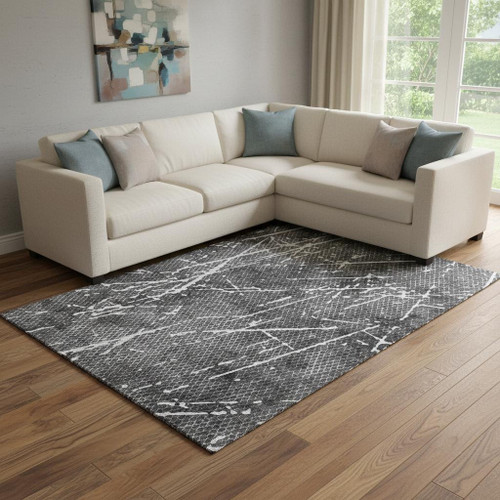 9' X 12' Charcoal And Ivory Abstract Washable Area Rug With UV Protection