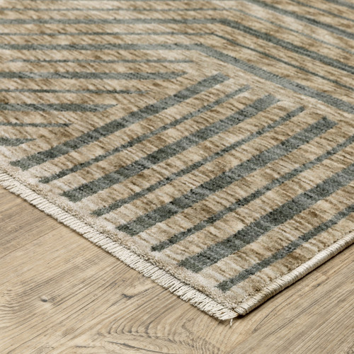 8' X 11' Beige And Gray Striped Area Rug With Fringe