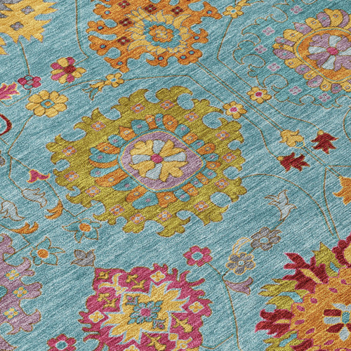 8' Teal Blue Gold And Pink Round Damask Washable Indoor Outdoor Area Rug