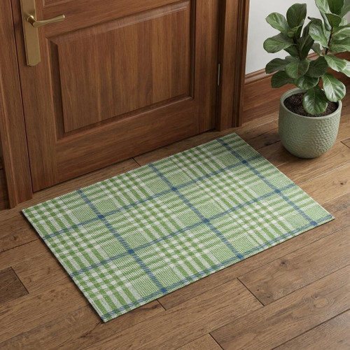 3' X 5' Green Ivory And Blue Plaid Washable Area Rug With UV Protection