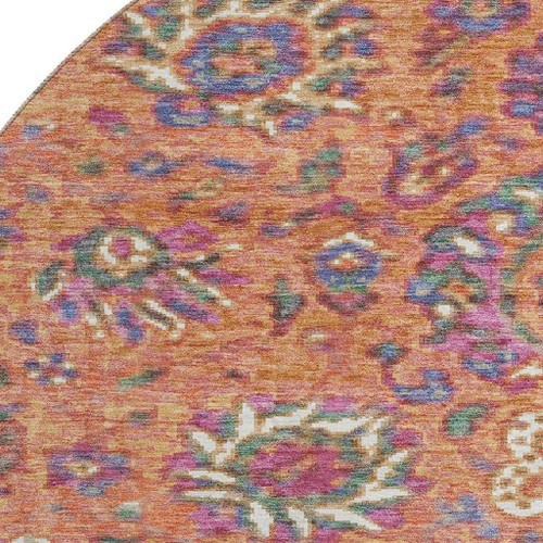 8' Orange Blue And Pink Oriental Washable Round Rug With UV Protection