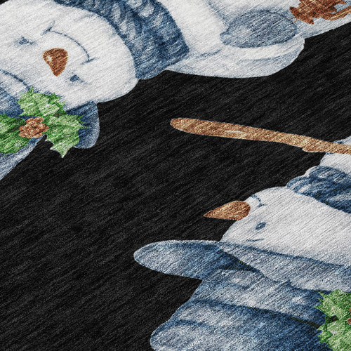 8' X 10' Black Denim Blue And Ivory Snowmen Washable Indoor Outdoor Area Rug