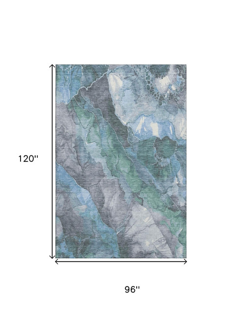 8' X 10' Blue Green And Gray Floral Washable Area Rug With UV Protection