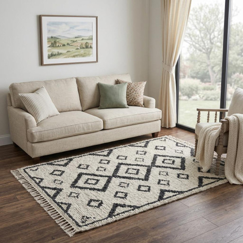 5' X 8' Beige And Black Jute Geometric Hand Woven Area Rug