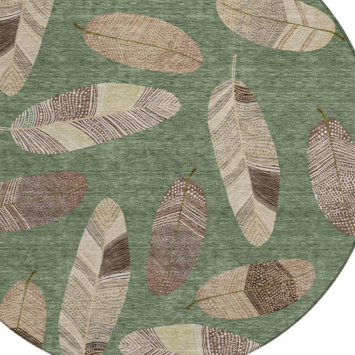 8' Green And Ivory Round Botanical Leaves Washable Indoor Outdoor Area Rug