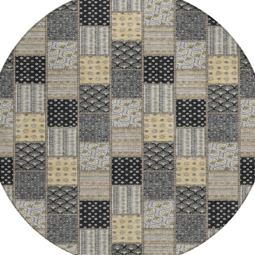 8' Graphite And Gray Round Patchwork Washable Indoor Outdoor Area Rug