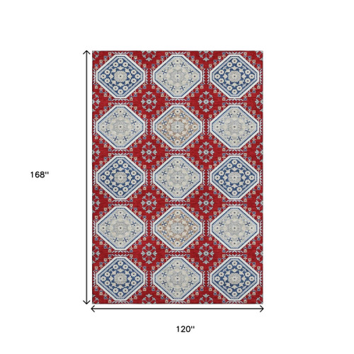10' X 14' Red Navy Blue And Ivory Floral Washable Area Rug With UV Protection