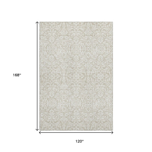 10' X 14' Beige And Ivory Damask Washable Area Rug With UV Protection