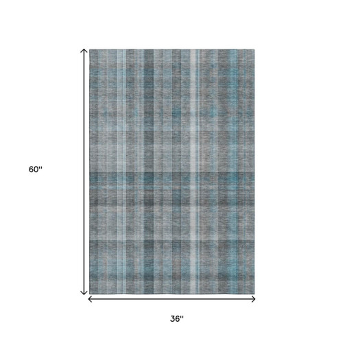 3' X 5' Teal And Ivory Plaid Washable Area Rug With UV Protection