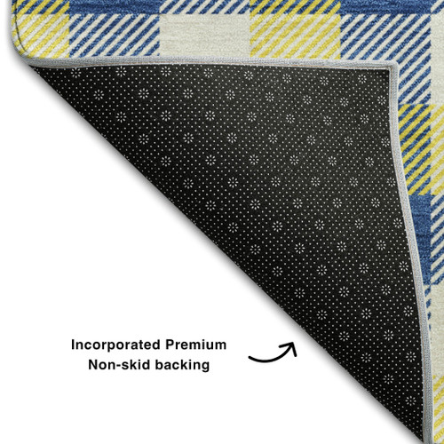 3' X 5' Yellow Navy Blue And Ivory Plaid Washable Area Rug With UV Protection