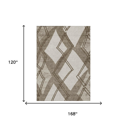 10' X 14' Linen And Ivory Geometric Washable Indoor Outdoor Area Rug