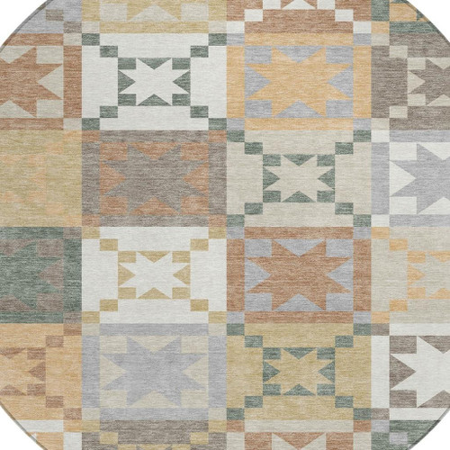 8' Ivory And Silver Round Patchwork Washable Indoor Outdoor Area Rug