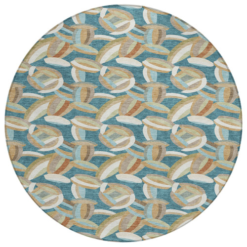 8' Teal Blue And Orange Round Abstract Washable Indoor Outdoor Area Rug