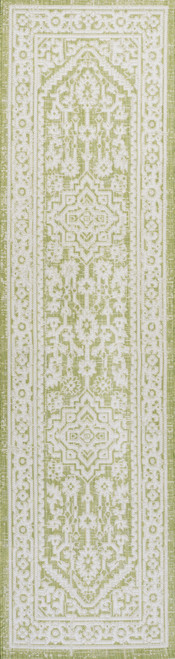 10' Green And Cream Medallion Indoor Outdoor Runner Rug
