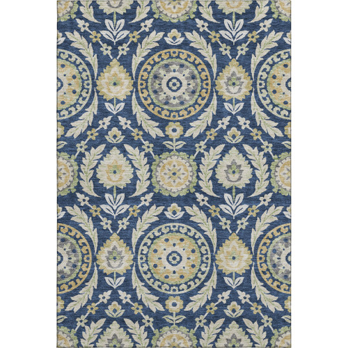 8' X 10' Navy Blue Gold And Beige Floral Washable Area Rug With UV Protection