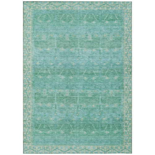 10' X 14' Green And Teal Blue Tribal Washable Indoor Outdoor Area Rug