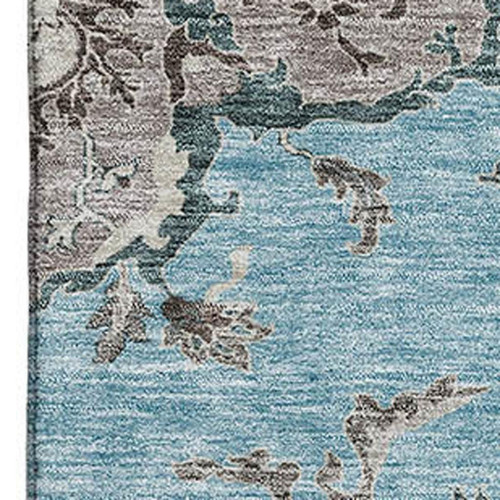 3' X 5' Sky Blue Beige And Gray Floral Washable Area Rug With UV Protection