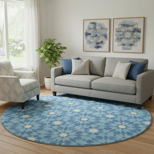 8' Denim Blue And Ivory Geometric Washable Round Rug With UV Protection