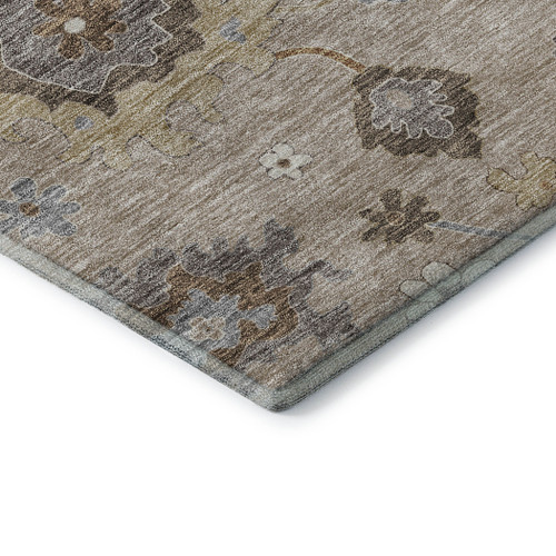 8' Taupe Gray And Ivory Floral Medallion Washable Round Rug With UV Protection