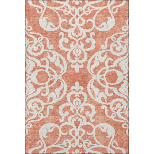 8' X 10' Coral And Ivory Damask Washable Area Rug With UV Protection