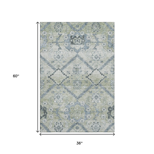 3' X 5' Artichoke Green And Gray Floral Washable Area Rug With UV Protection