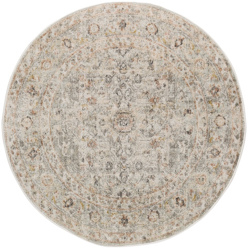 8' Light Gray Black And Yellow Floral Distressed Round Rug