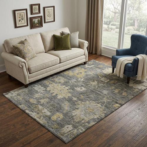 5' X 8' Gray Gold And Beige Floral Washable Area Rug With UV Protection