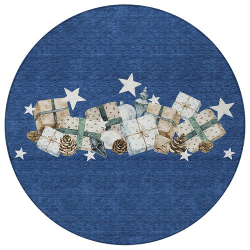 8' Navy Blue Beige Ivory And Taupe Round Presents Washable Indoor Outdoor Area Rug