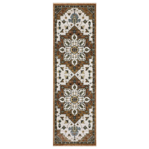 8' Rust Ivory And Black Medallion Runner Rug With Fringe