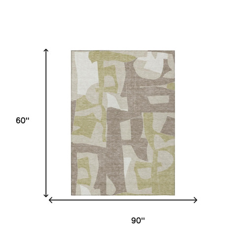 5' X 8' Beige And Fern Green Geometric Washable Indoor Outdoor Area Rug