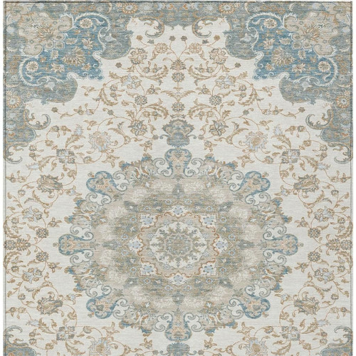 10' X 14' Ivory And Gray Floral Medallion Washable Indoor Outdoor Area Rug