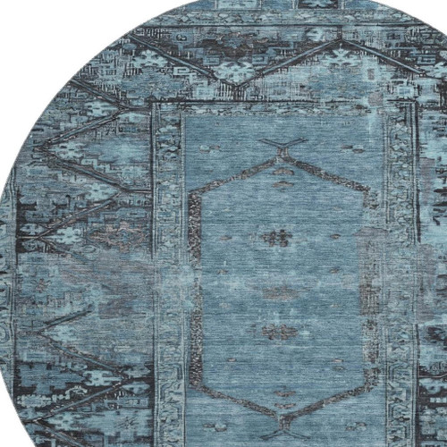 8' Blue And Charcoal Oriental Washable Round Rug With UV Protection