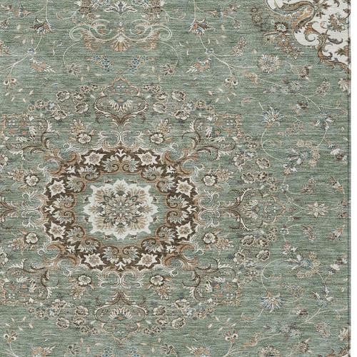 9' X 12' Sage And Beige Floral Medallion Washable Indoor Outdoor Area Rug